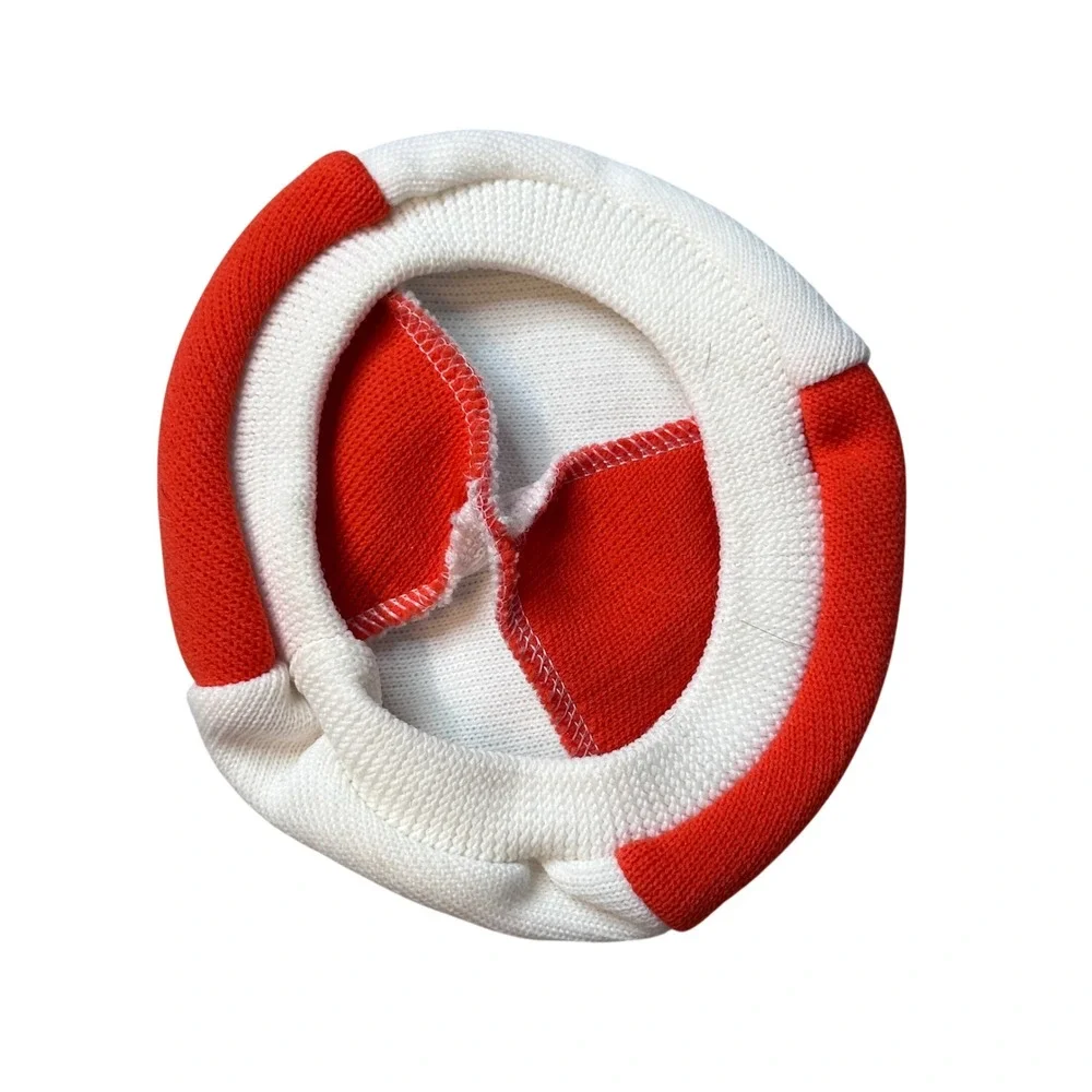 Vintage Knit Beanie Kids OS Red White Color‎ Block Round Skull Cap 70s 80s 90s